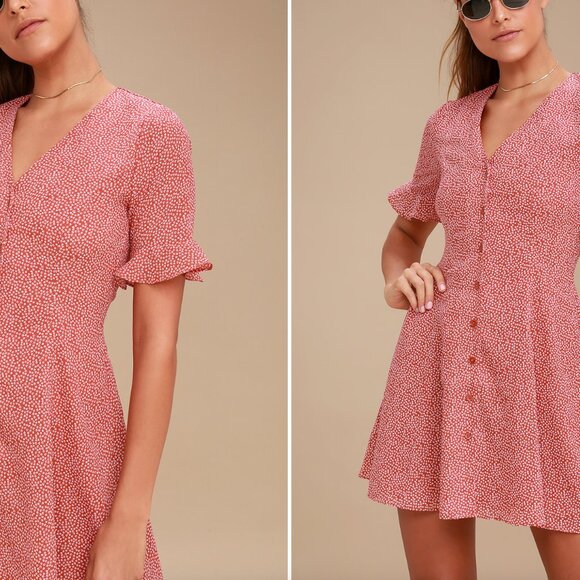 Lulus - Castana Rust Red Print Button-Up Dress - Size S - Picture 4 of 8